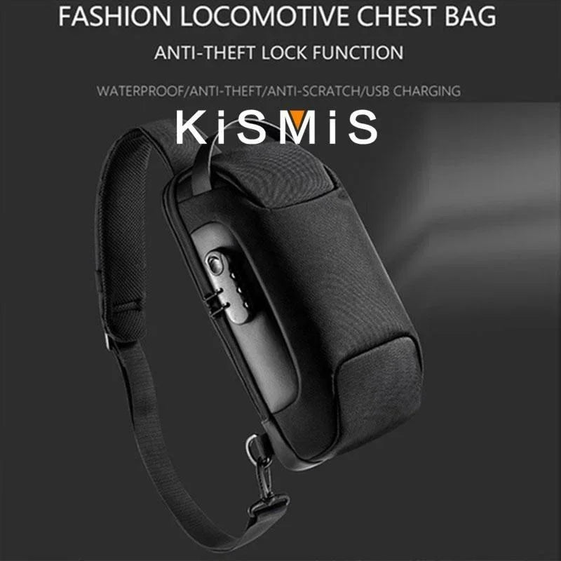 Black waterproof crossbody chest bag with an integrated anti-theft combination lock and USB charging port.