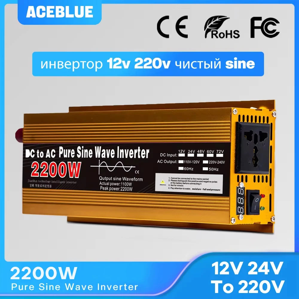 Gold 2200W pure sine wave power inverter with a black output socket, power switch and technical specification label.