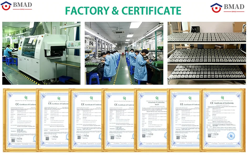 A collage showing a factory assembly line with staff in blue uniforms, storage racks of components, and certificates.