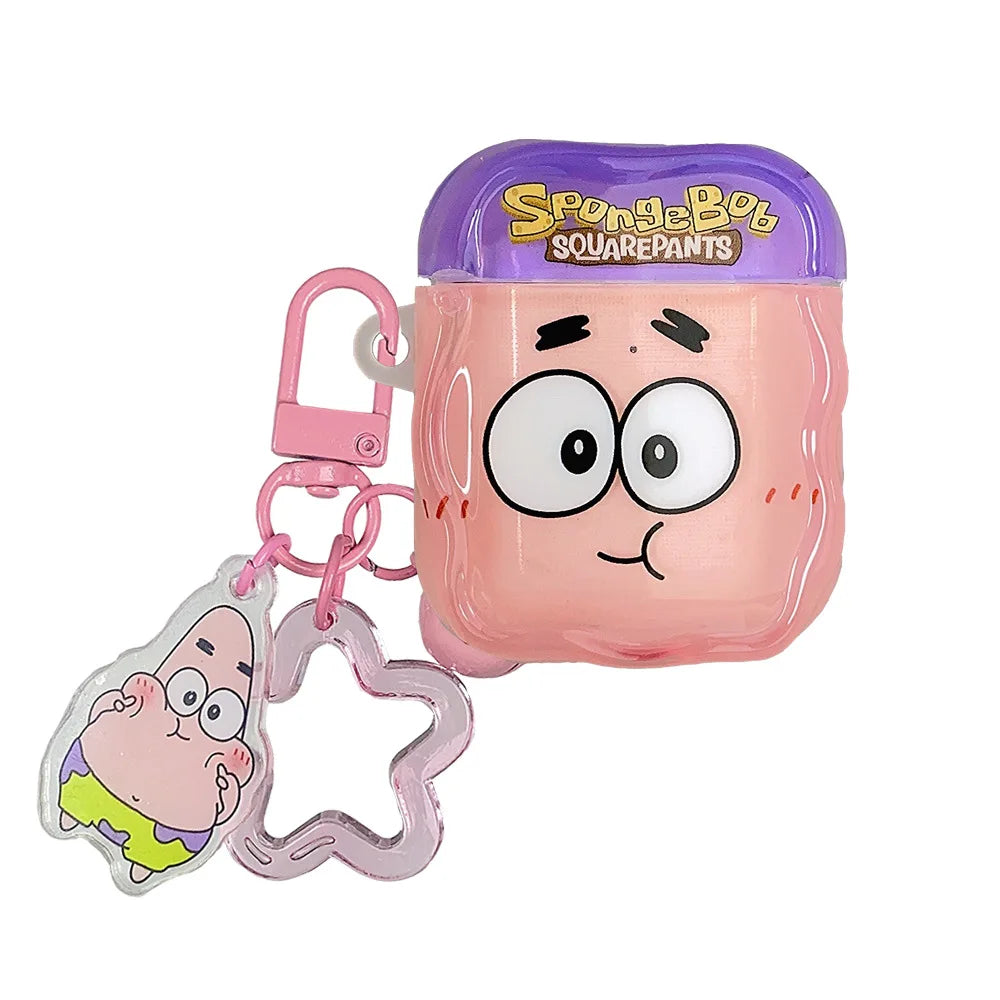 Pink and purple Patrick Star silicone case for AirPods with character keychain and lanyard.