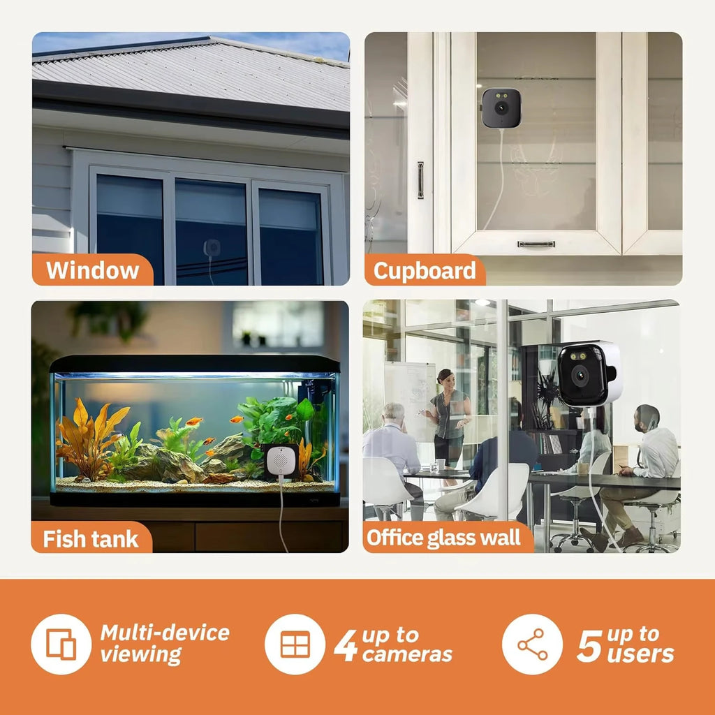 Small black and white WiFi security camera shown mounted on windows, cupboards, and glass for versatile home monitoring.
