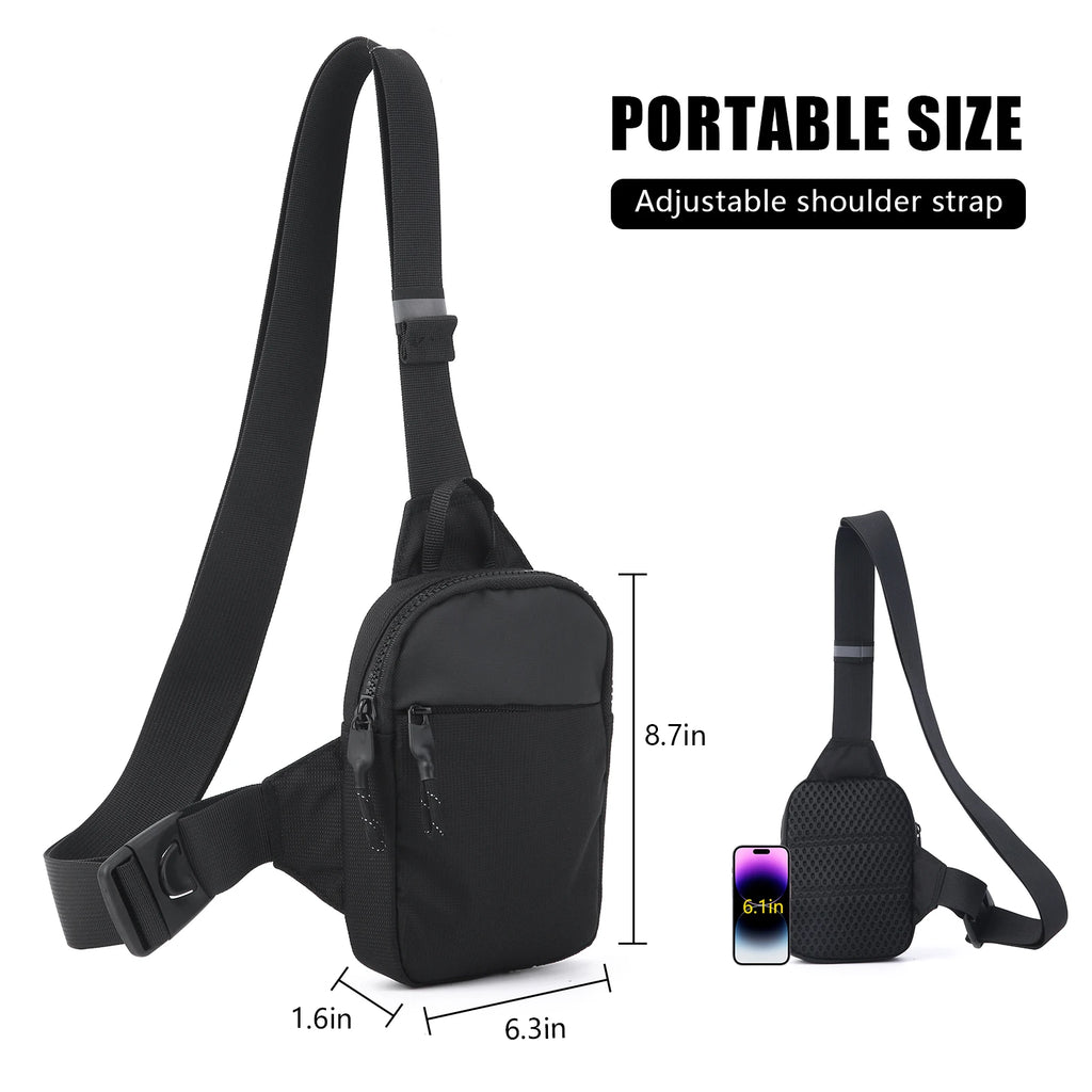 Compact black anti-theft crossbody bag with adjustable strap and zip compartments, shown with dimensions.