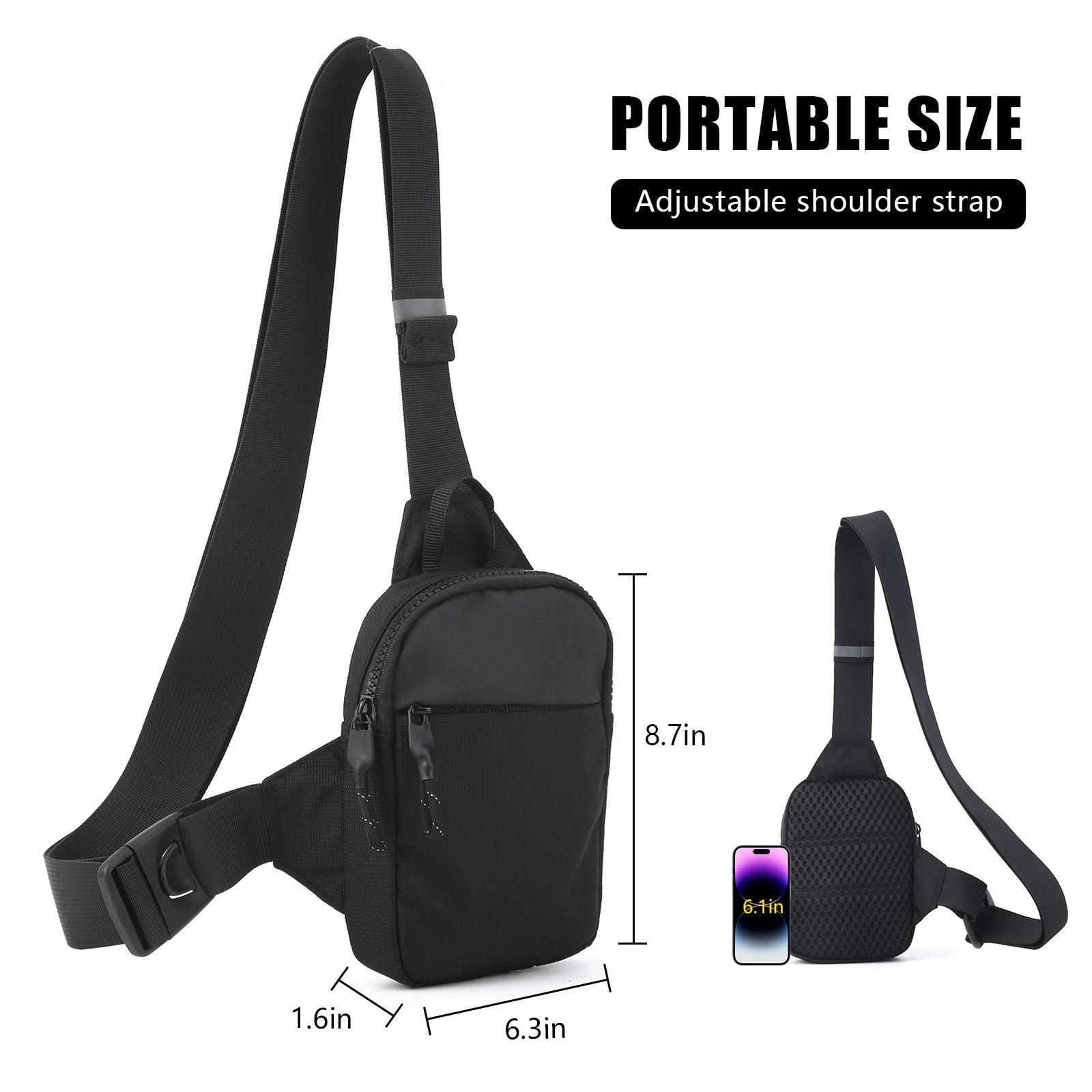 Compact black anti-theft crossbody bag with adjustable strap and zip compartments, shown with dimensions.