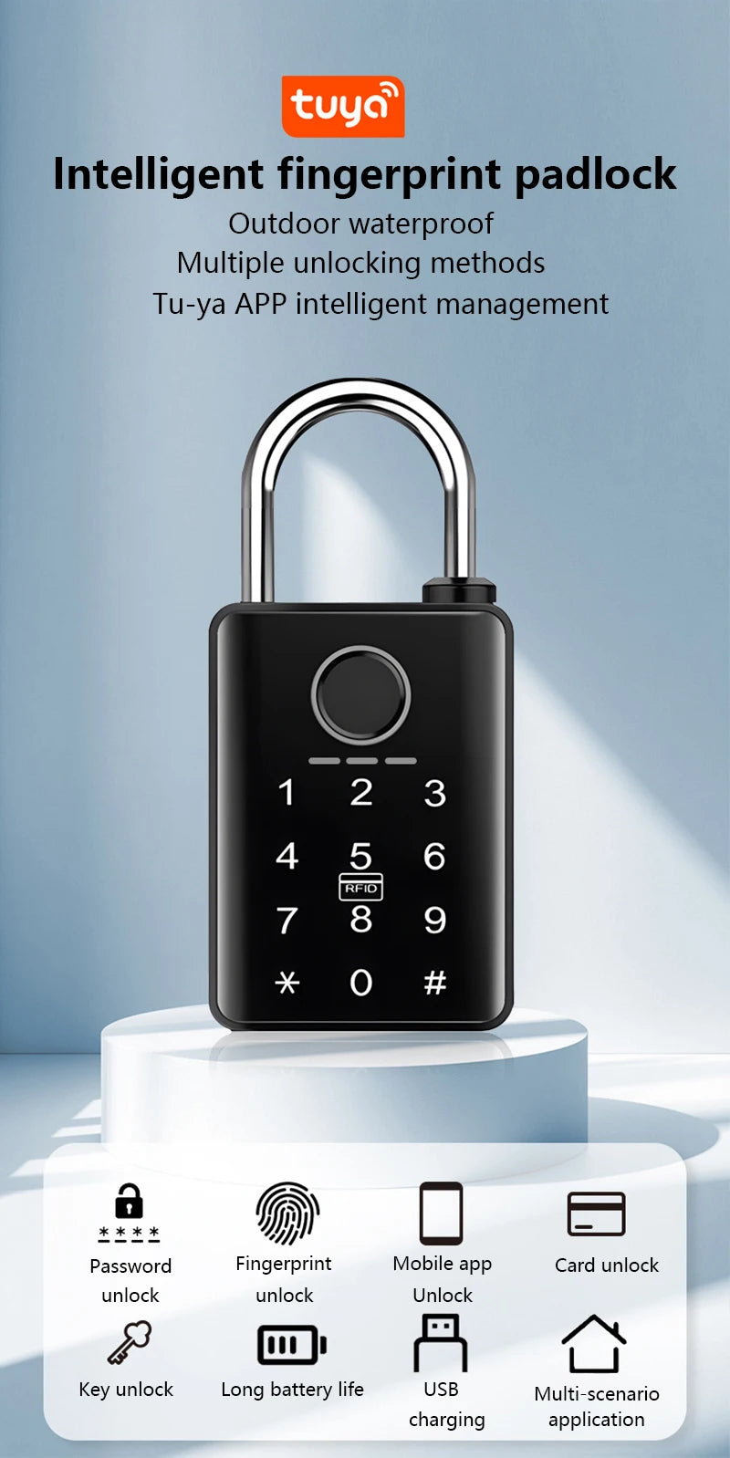 Black waterproof smart padlock with a silver metal shackle, fingerprint scanner, keypad, and RFID card reader.