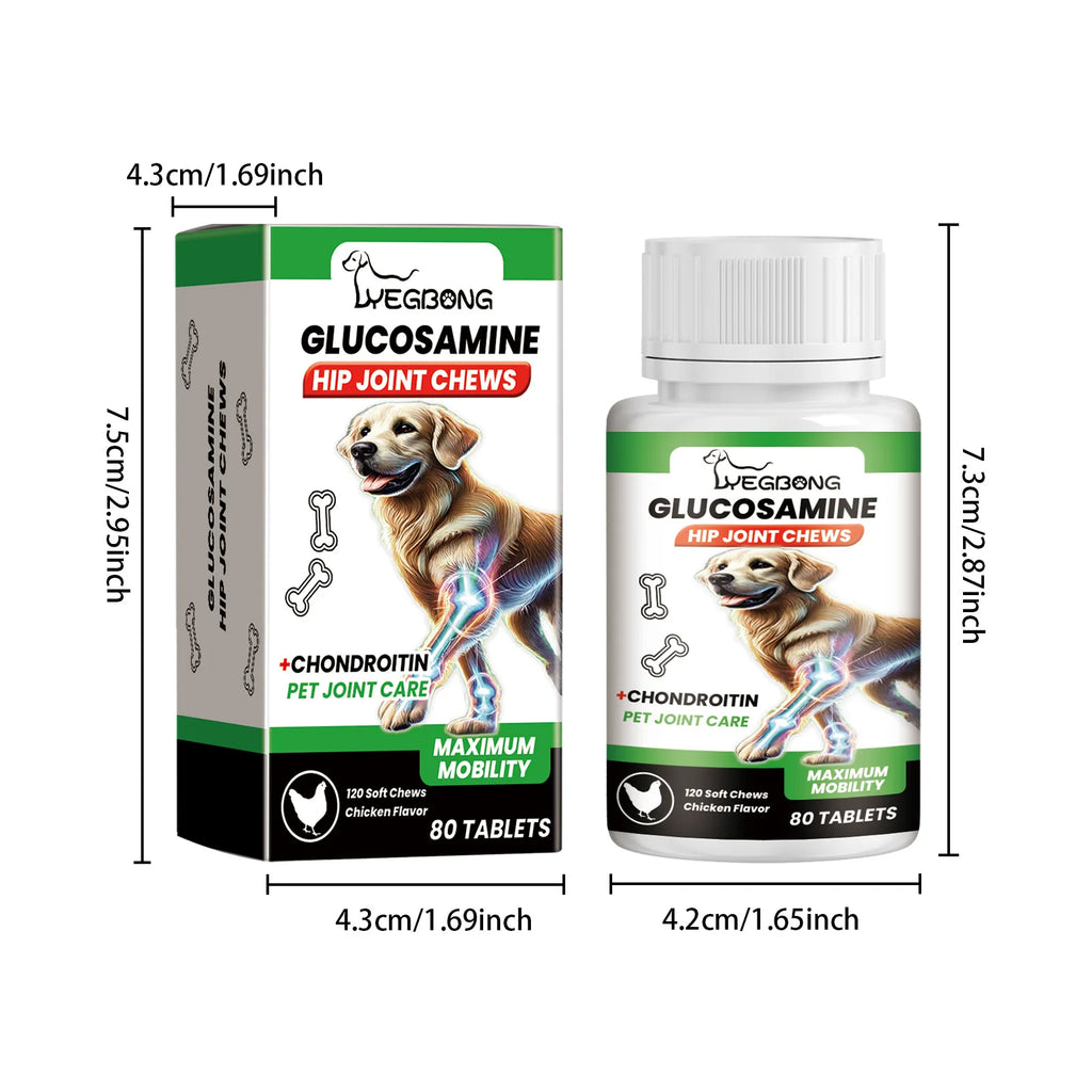 Glucosamine hip joint chews for dogs, chicken flavoured, in a box and bottle with dimensions for pet joint care.