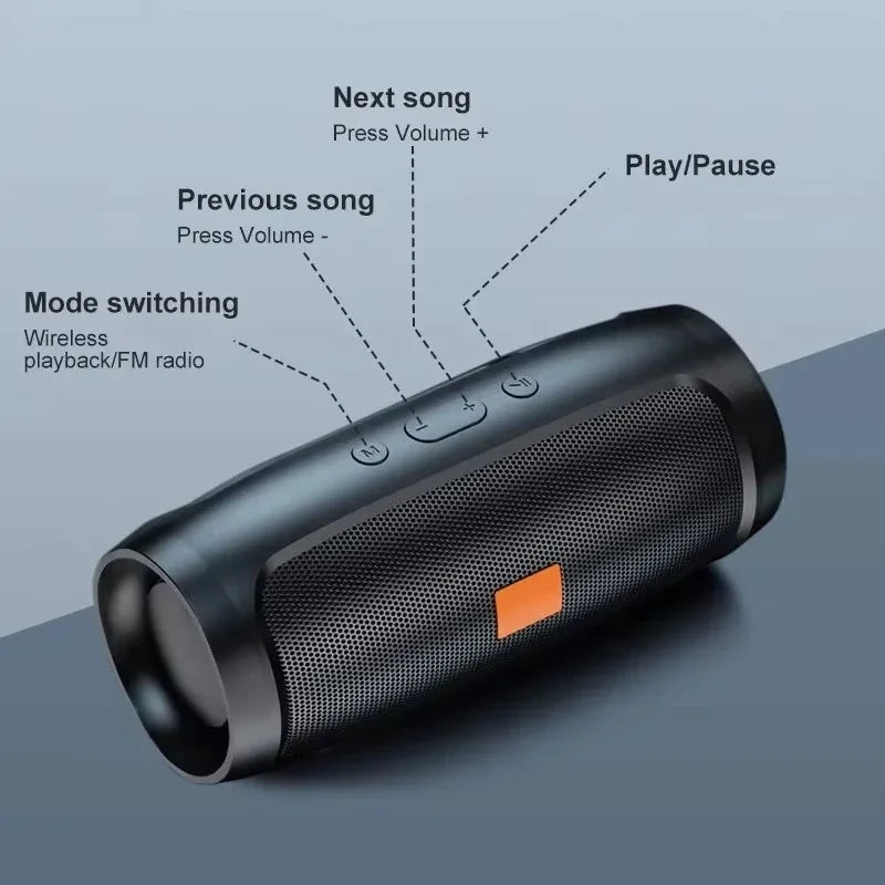 Black cylindrical wireless Bluetooth speaker with a mesh grille, orange accent, and top-mounted playback control buttons.