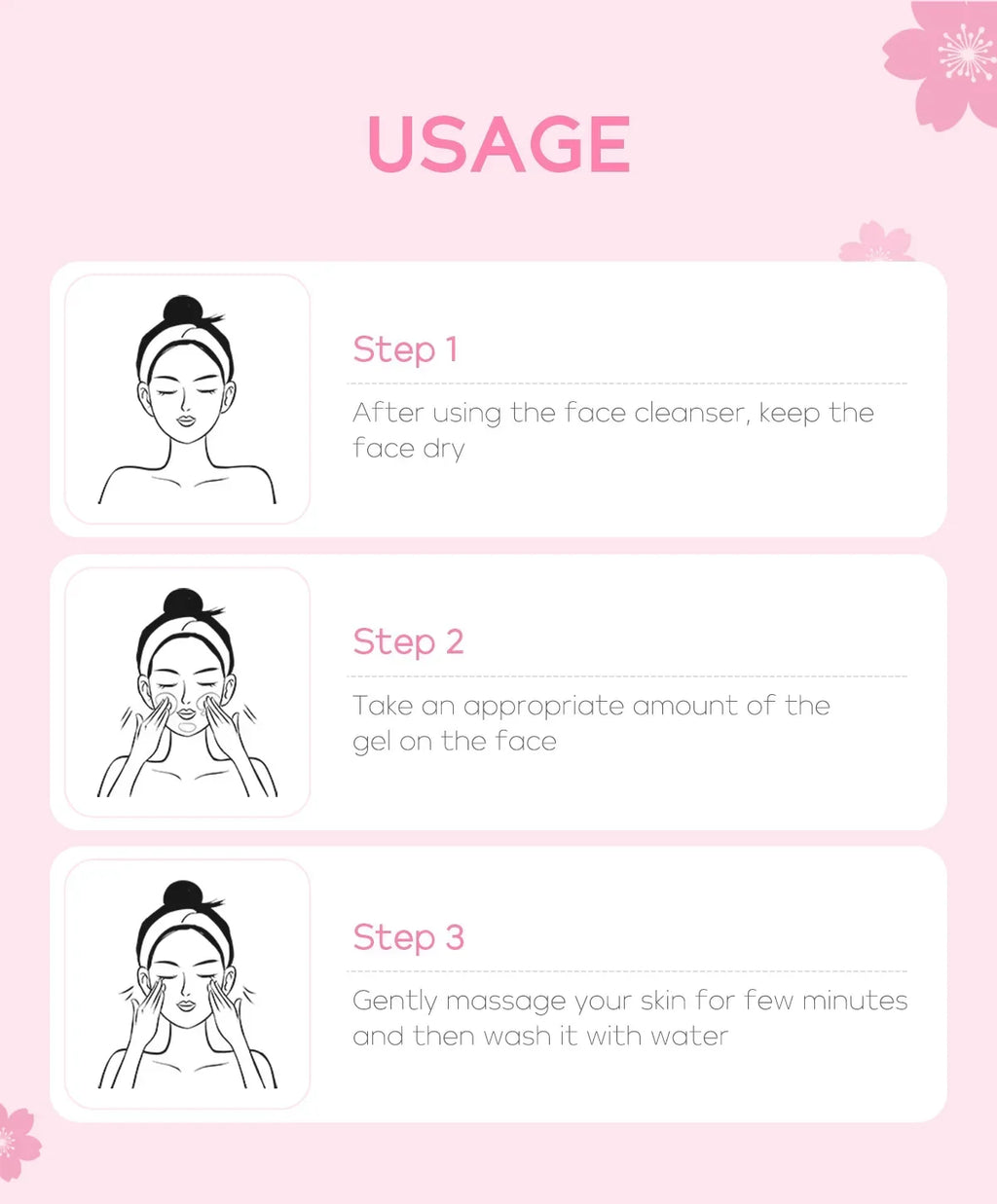 A pink instructional graphic showing three simple steps to use facial gel with line-art illustrations of a woman.