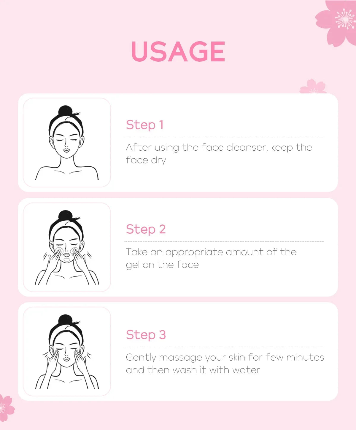 A pink instructional graphic showing three simple steps to use facial gel with line-art illustrations of a woman.