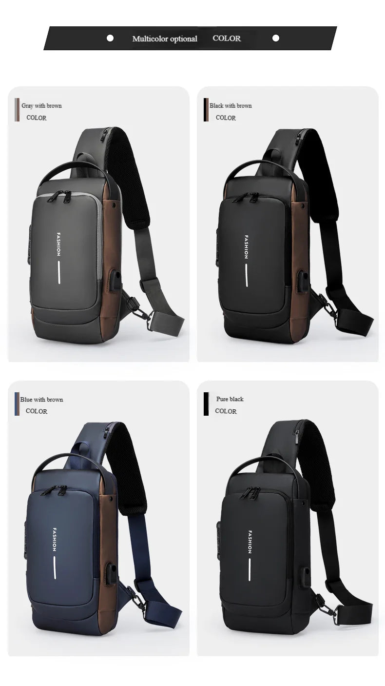 Anti-theft crossbody chest bags in four colourways, featuring a password lock, USB charging port, and slim design.