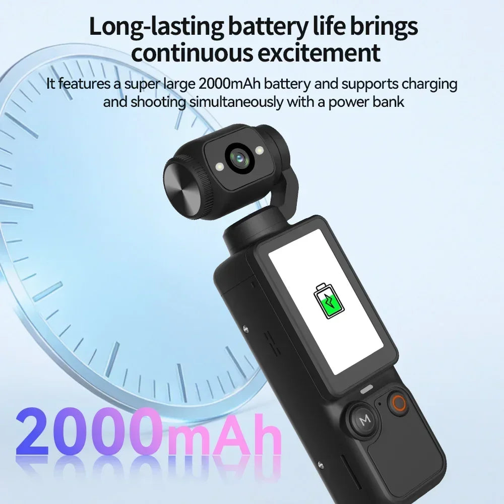 Black handheld gimbal camera with a touchscreen, 2000mAh battery, and buttons, set against a clock background.