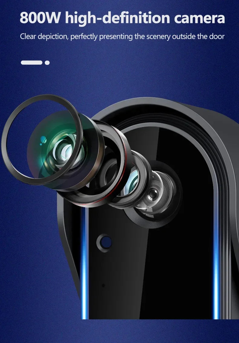 Close-up of a sleek black wireless doorbell camera showing its high-definition lens components and blue accent lights.