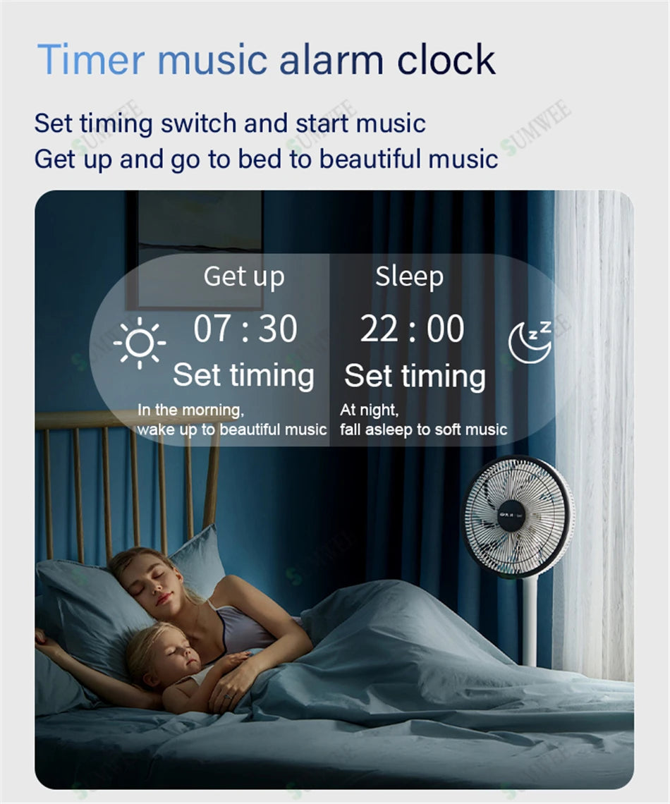 7-inch smart home wall panel displaying timer settings for music alarms in a blue-themed bedroom setting.