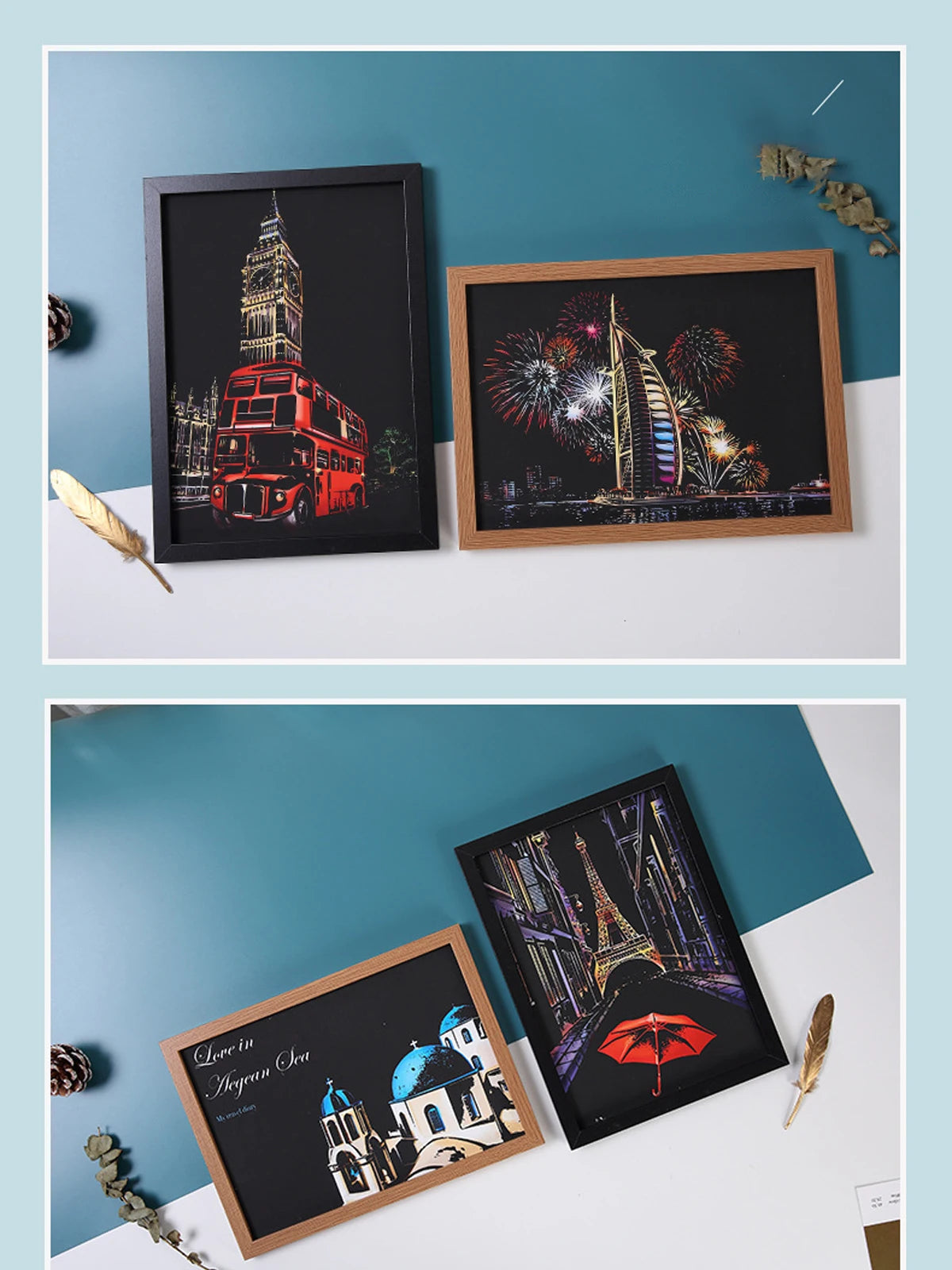 Set of four framed scratch art travel-themed prints featuring vibrant city landmarks in black wooden frames.