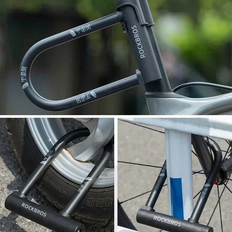 Black ROCKBROS U-shape bicycle lock mounted on a bike frame, wheel, and rack, featuring white Chinese style graphics.