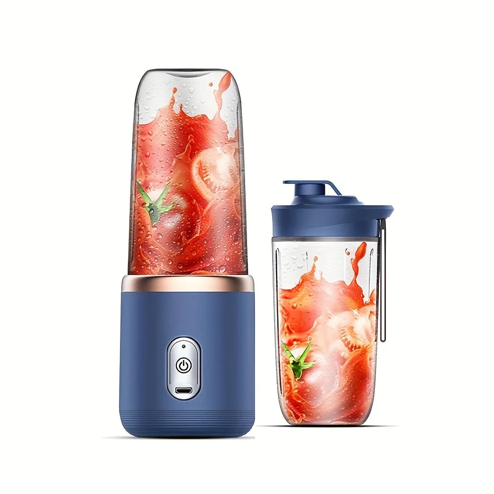 Portable blue blender with a detachable cup, featuring a power button, rose-gold accents, and fresh tomato puree inside.