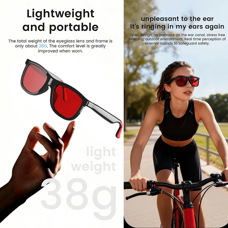Lightweight black smart audio glasses with red-tinted lenses, shown being worn by a woman cycling outdoors.