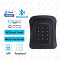 Black metal smart key lock box with keypad, Bluetooth, app control, and voice assistant compatibility.