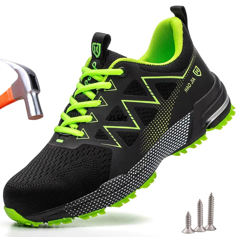 Black safety sneaker with neon green laces, lining, and tread, featuring a protective steel toe.