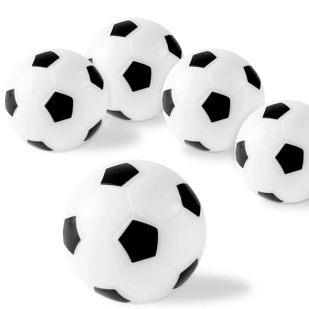 Five small white foam footballs featuring a classic black pentagon pattern.