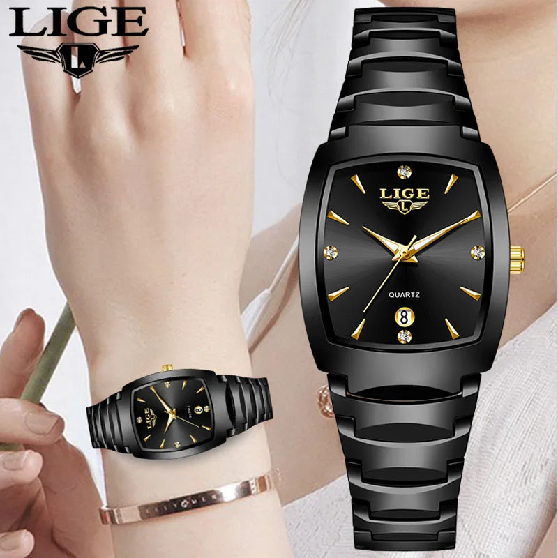 Elegant ladies' black stainless steel quartz watch with a square face, gold accents, and crystal hour markers.