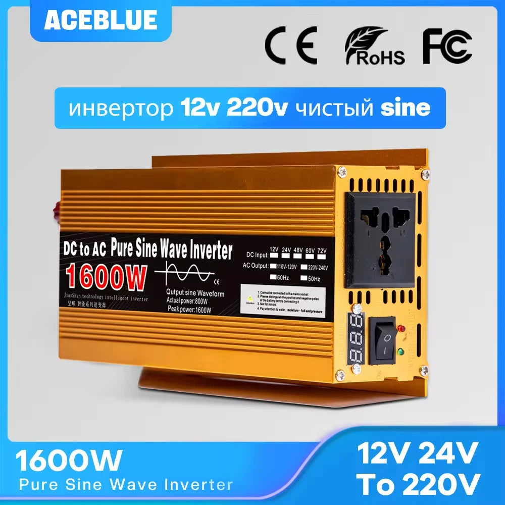 Gold 1600W pure sine wave power inverter with 12V DC input, 220V AC output, power socket, and digital display.