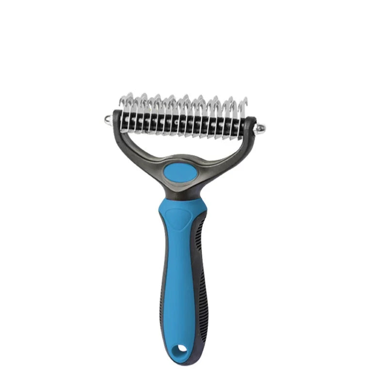 Blue and black pet grooming rake with stainless steel double-sided serrated blades for de-shedding.
