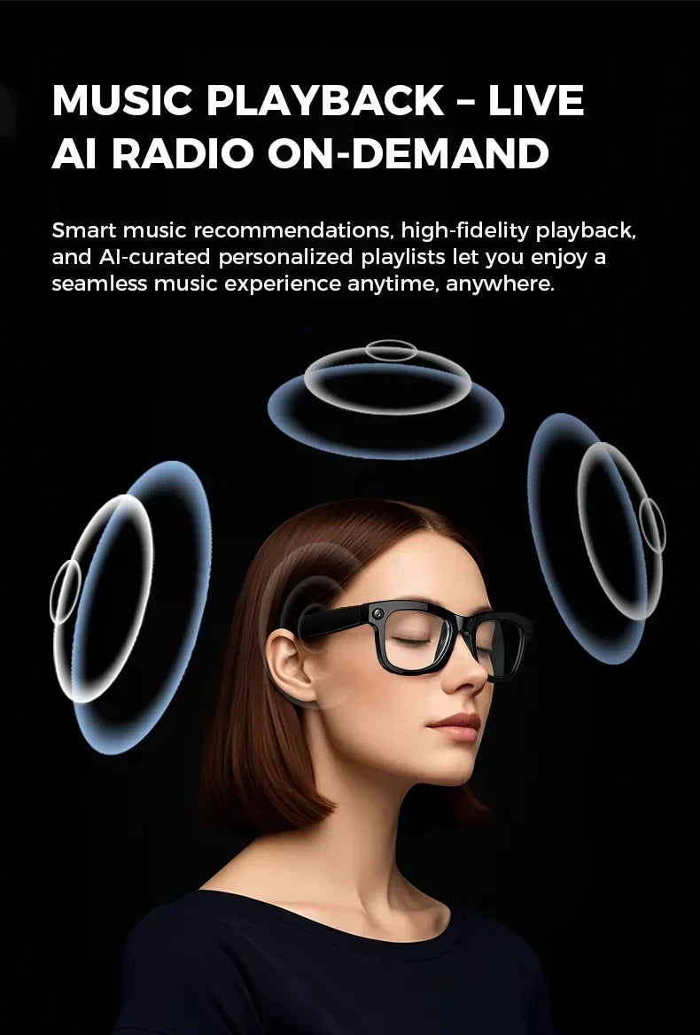 A person wearing sleek black smart glasses with an integrated camera, surrounded by graphic rings indicating audio.