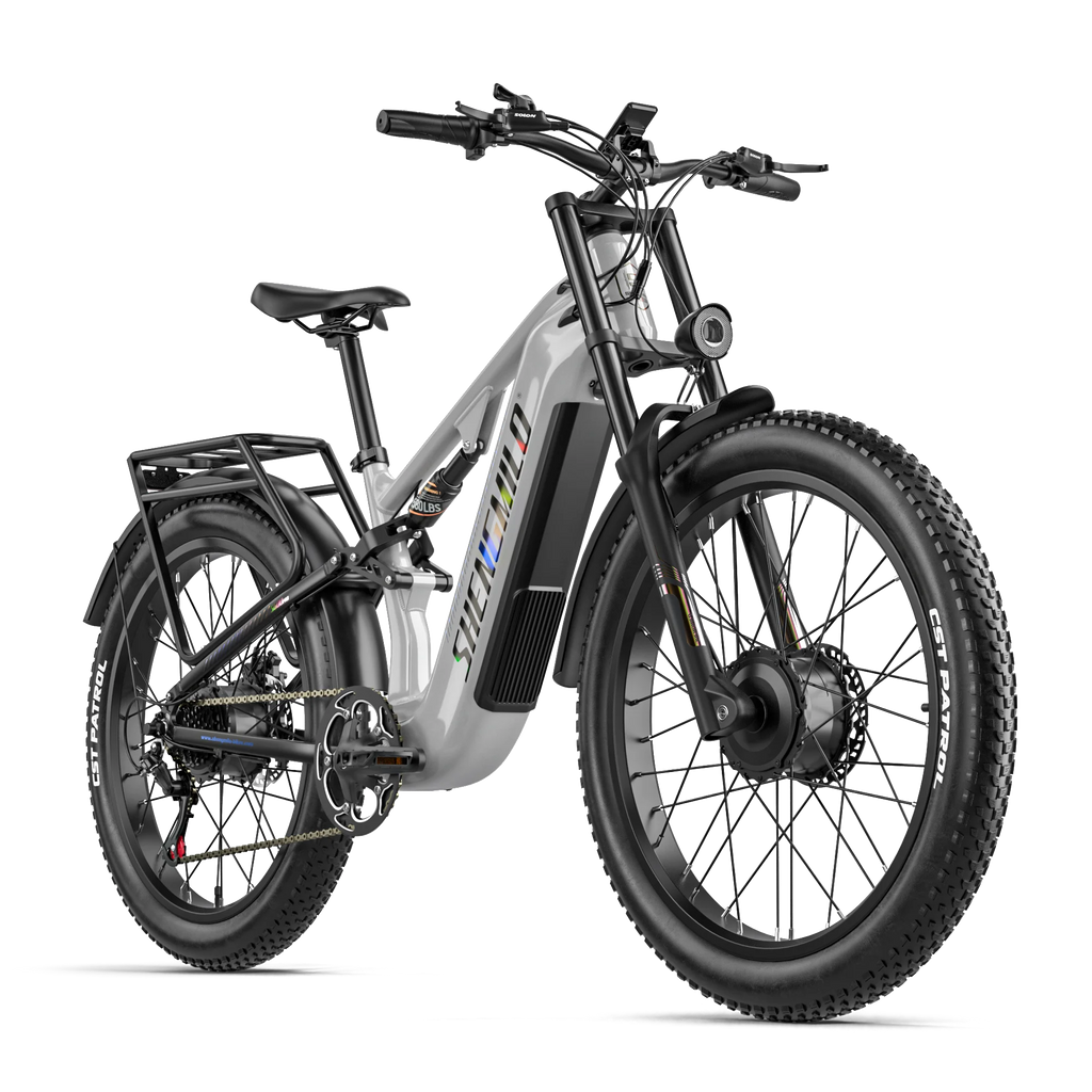 Shengmilo S600 Pro grey dual-motor electric mountain bike with 26-inch fat tires, front suspension, and rear cargo rack.