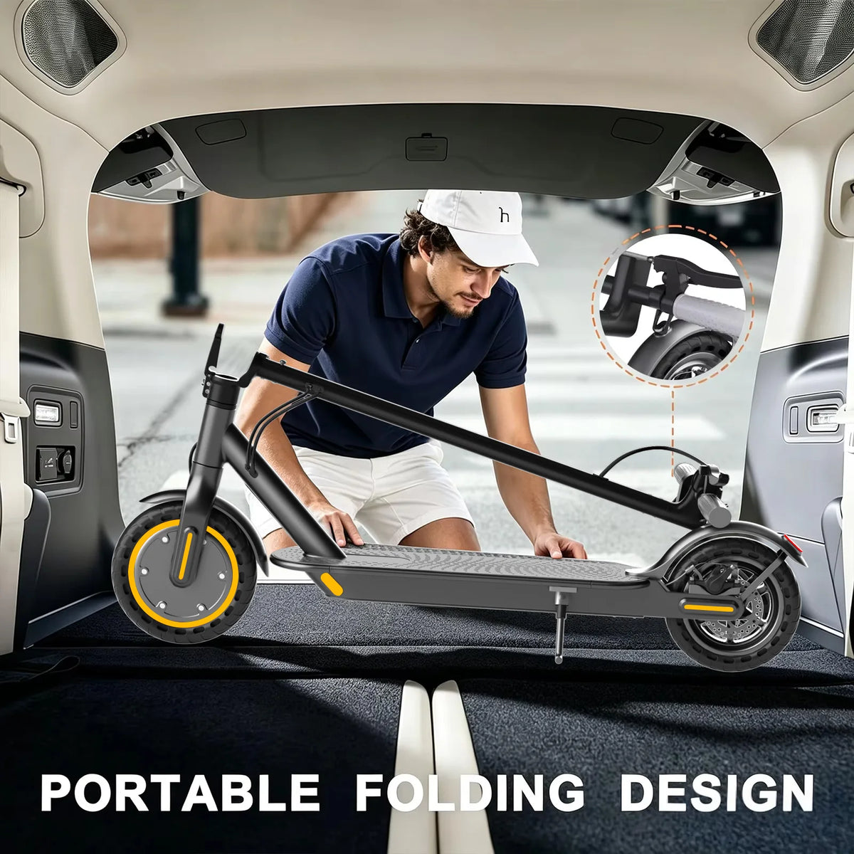 AOVOPRO black electric scooter with yellow wheel accents folded inside a car trunk, with a man looking on.