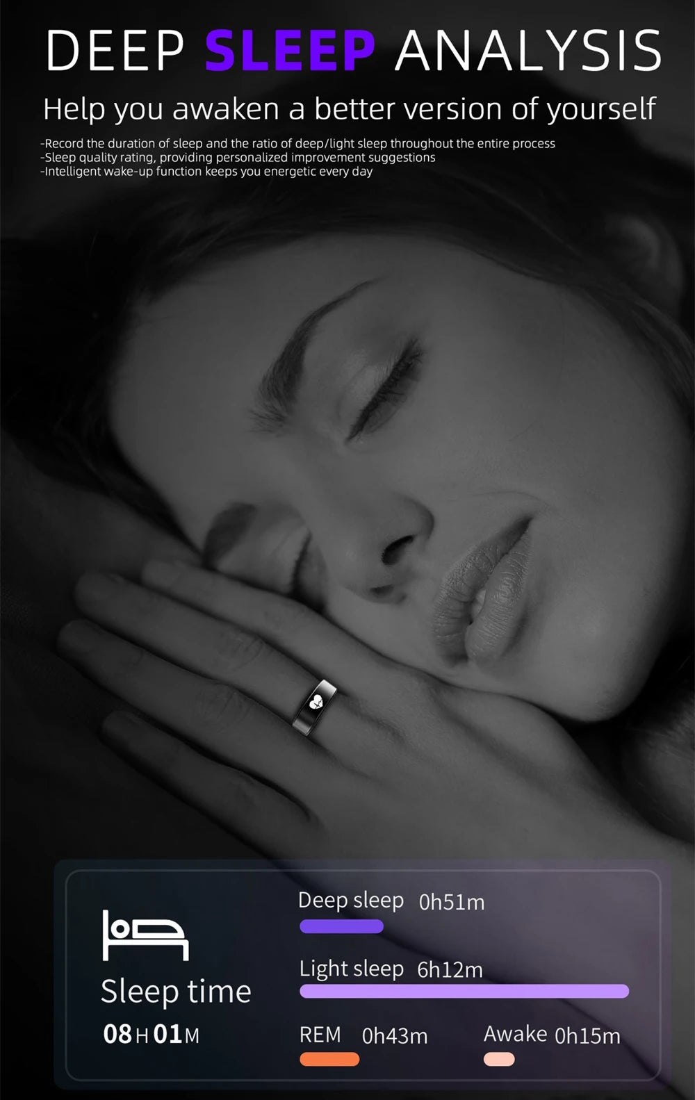 Sleek black intelligent health tracking ring worn by a sleeping person, featuring a digital sleep analysis interface.