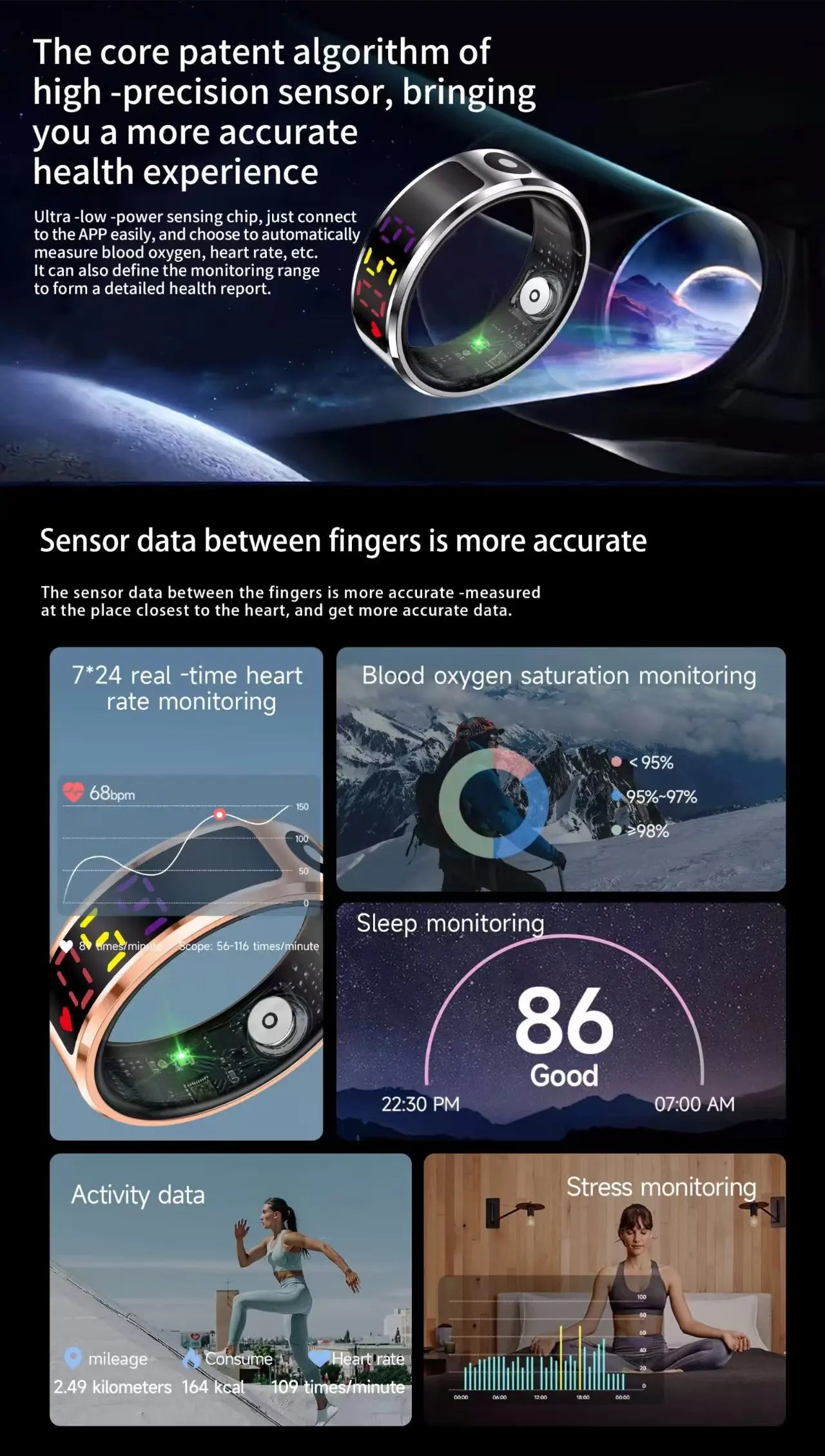 Sleek silver smart ring with a digital touch display featuring heart rate, blood oxygen, sleep, and activity tracking.