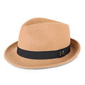 Tan wool felt fedora hat with a black ribbon band and a small silver-tone 'M' detail on the side.
