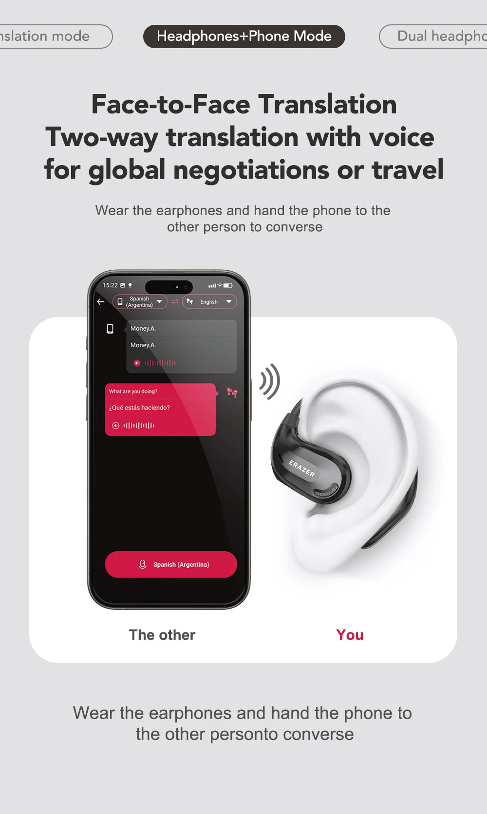 Black wireless earbud being worn, shown next to a smartphone displaying a translation app interface.