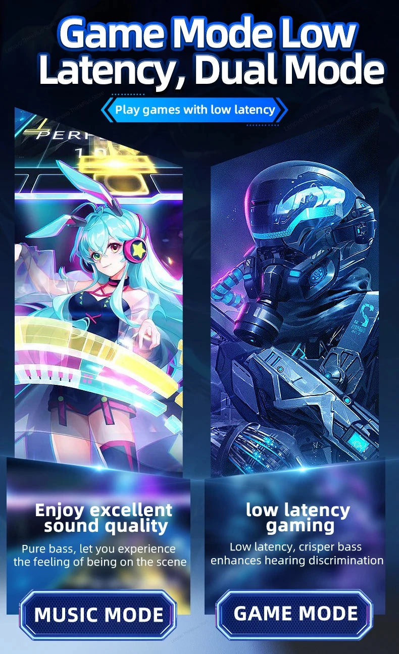 Gaming earbud ad showing anime character and sci-fi soldier in blue and purple, featuring music and game audio modes.