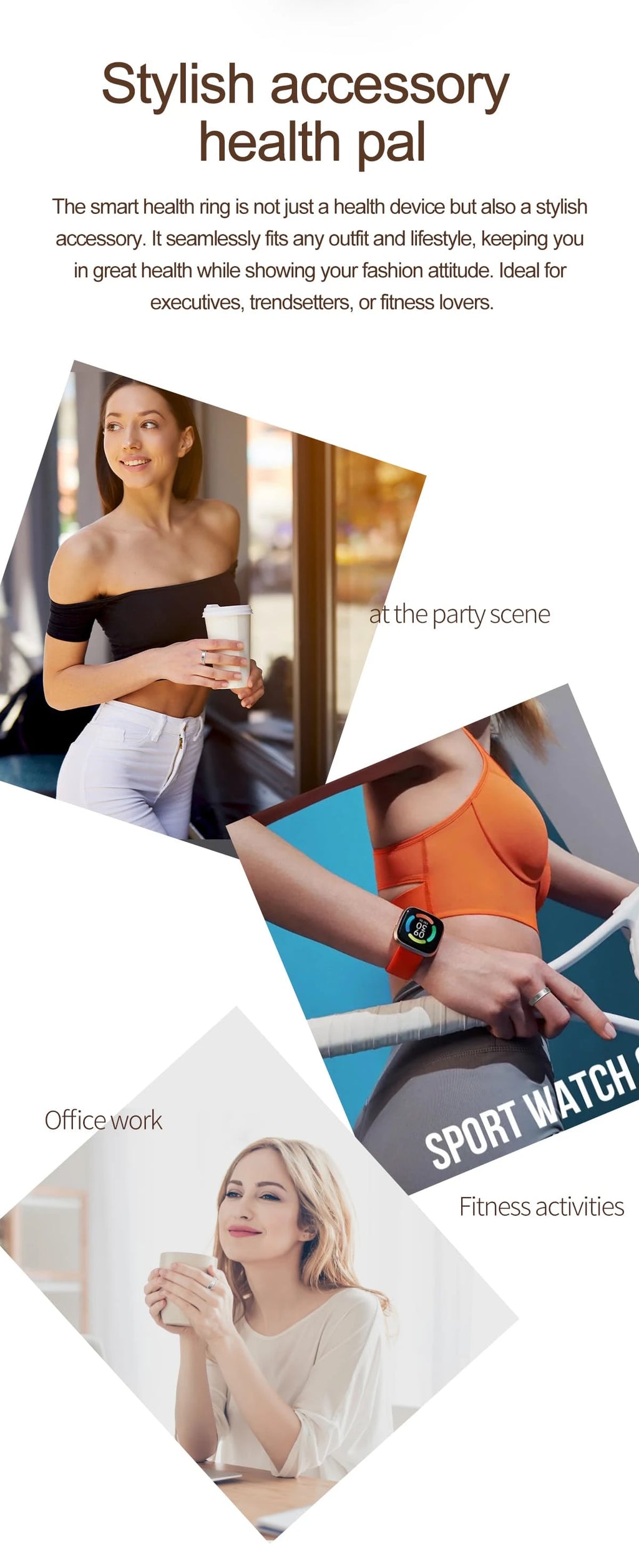 A sleek, silver slim smart health and fitness tracking ring shown on a woman’s finger in various lifestyle settings.