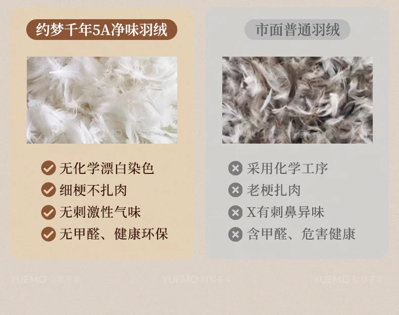 Comparison showing clean white down feathers versus grey, processed feathers, highlighting quality and purity differences.