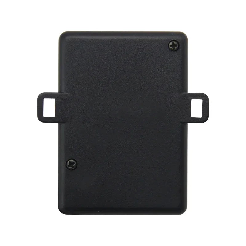 Black rectangular plastic electronics enclosure with two mounting tabs and two securing screws.
