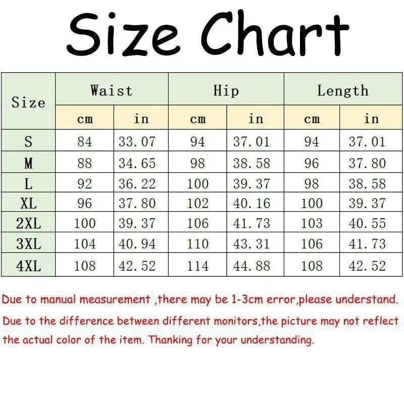 Product size chart table for waist, hip, and length measurements in cm and inches for sizes small to 4XL.