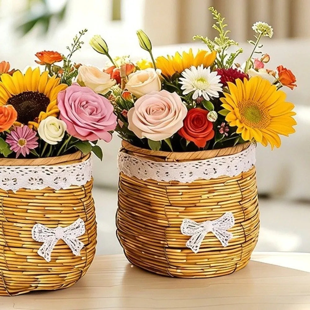 Two rustic woven baskets with lace trim and white bows, filled with vibrant, colorful bouquets of fresh flowers.