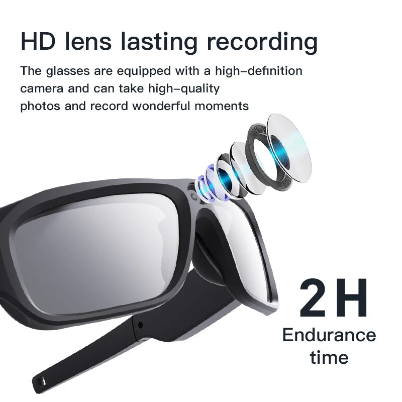 Black plastic smart glasses with a built-in HD camera lens, showing an exploded view of the camera components.