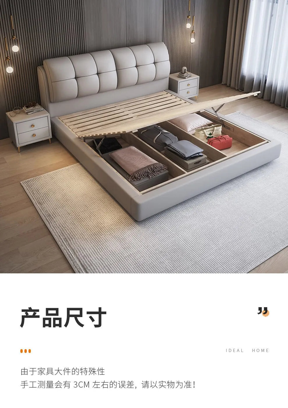 Minimalist grey queen bed frame with a tufted headboard and lift-up storage base showing divided compartments.