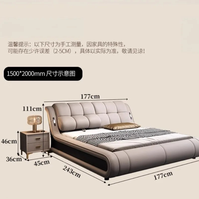 Modern, low-profile grey leather bed frame with a tufted headboard and matching two-drawer bedside table.