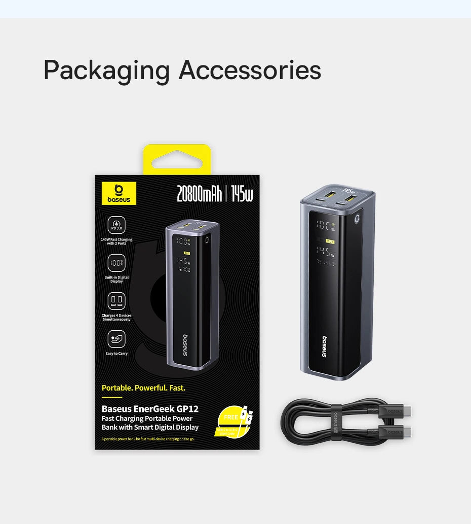 Dark grey, slim 145W, 20800mAh power bank with a digital display and USB-C cable in its retail packaging.