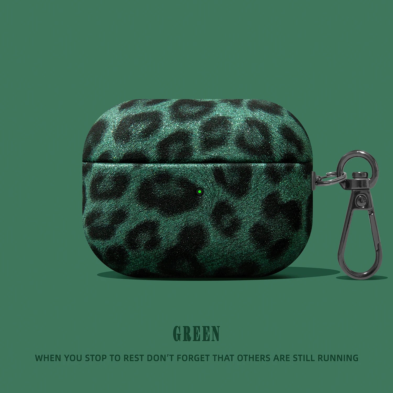 Green glitter leopard print AirPods Pro case with metal carabiner clip.