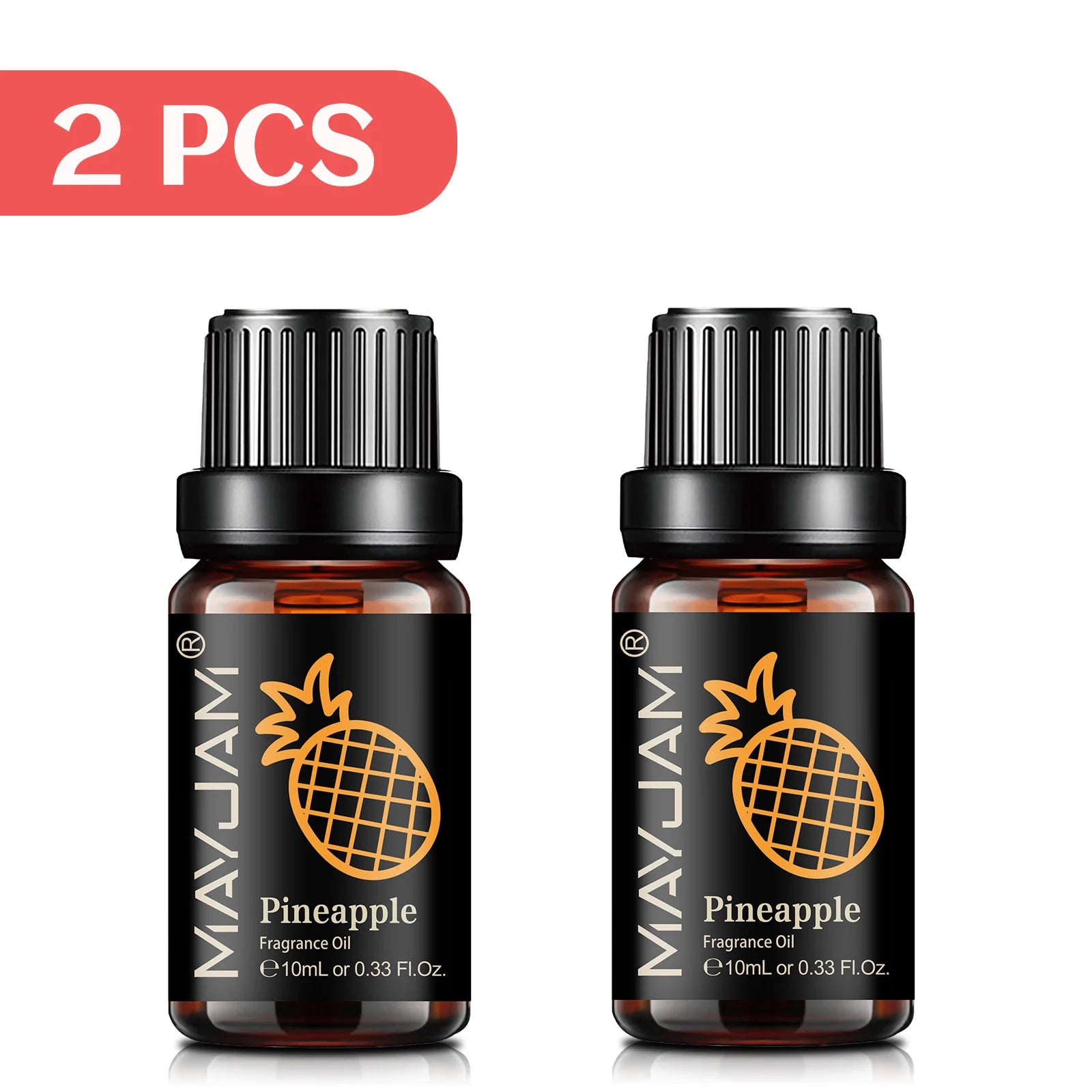 Two 10ml amber glass bottles of pineapple fragrance oil with black caps and pineapple-themed labels.