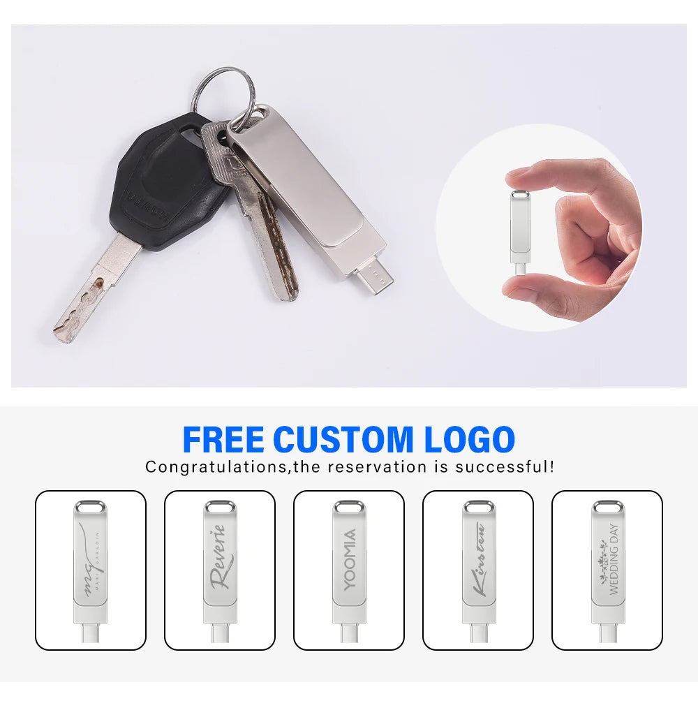 Sleek silver metal 2-in-1 USB-C and USB flash drive, shown as a keyring attachment with customisable engraving options.