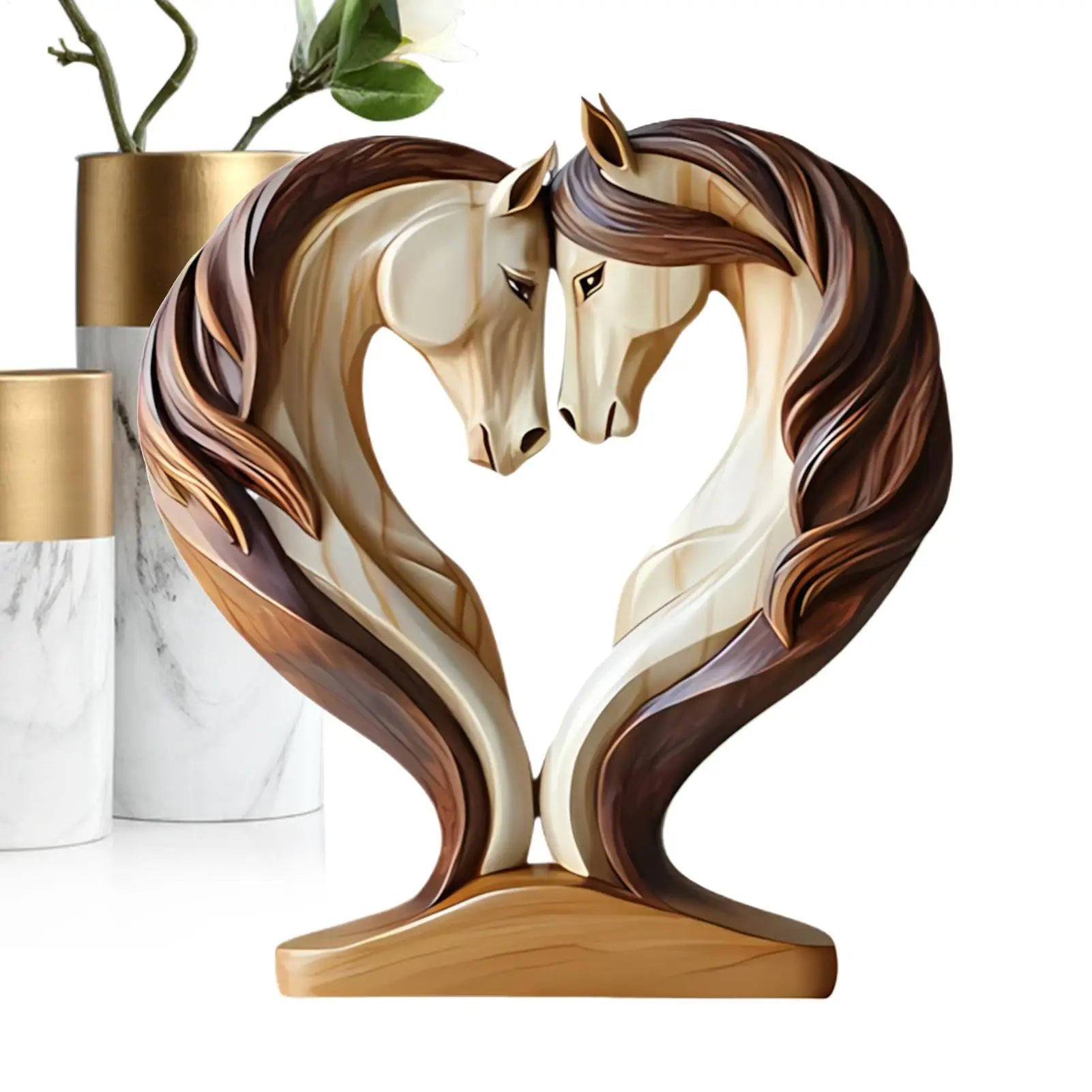 Decorative wooden statue of two horses forming a heart shape, featuring a polished cream and brown wood-effect finish.