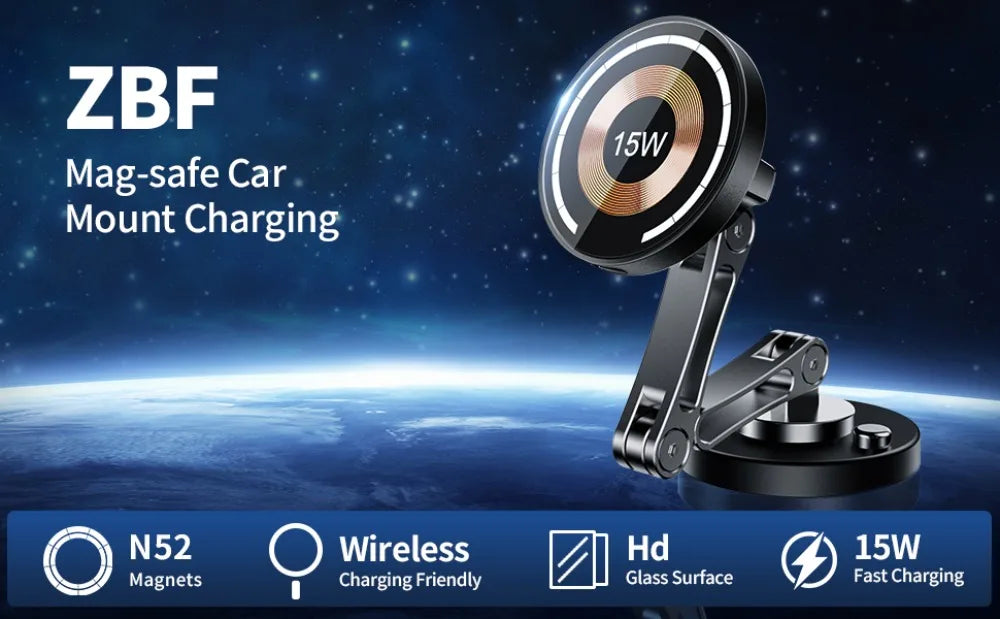 Black, foldable magnetic car phone mount with a 15W wireless charging pad and glass surface against a space background.