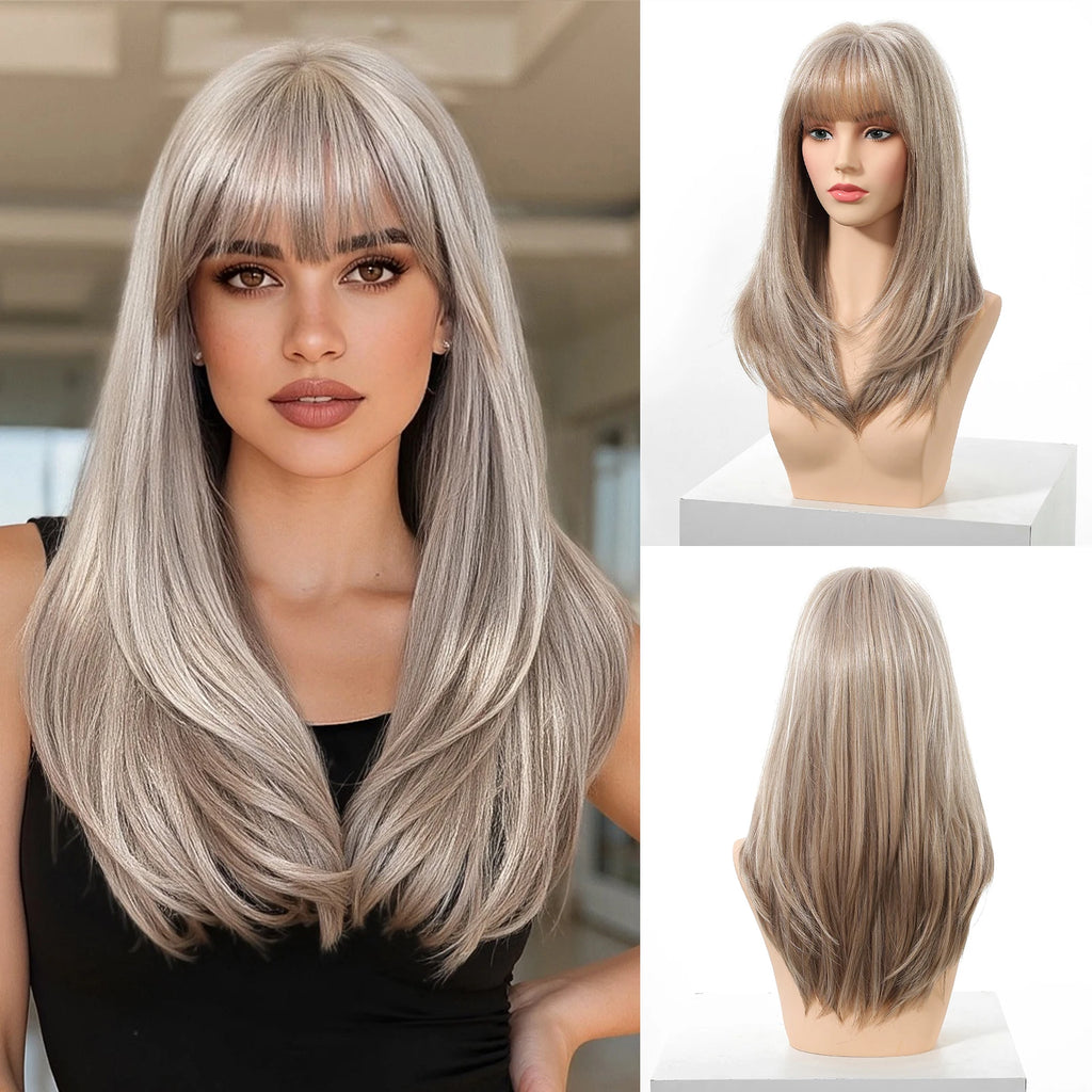 Long silver synthetic wig with blonde highlights, straight layers, and straight bangs on a model and mannequin.