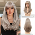 Long silver synthetic wig with blonde highlights, straight layers, and straight bangs on a model and mannequin.